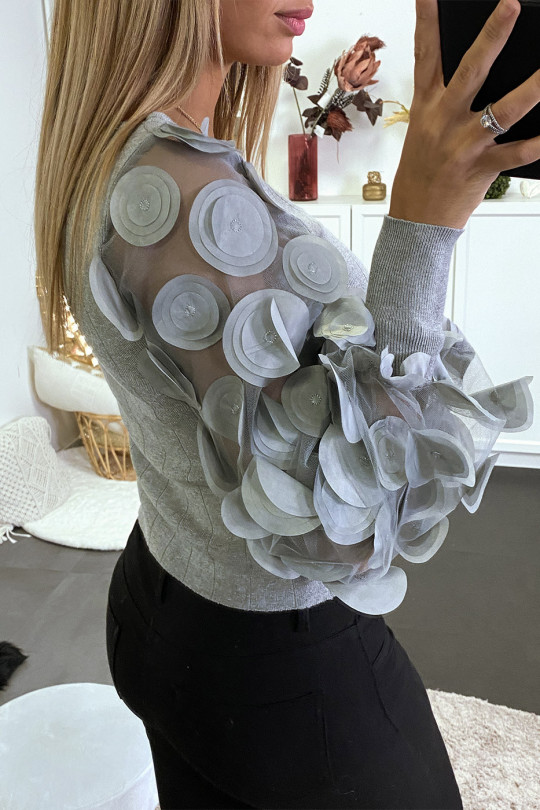 Gray ribbed sweater with tulle and petal sleeve - 9