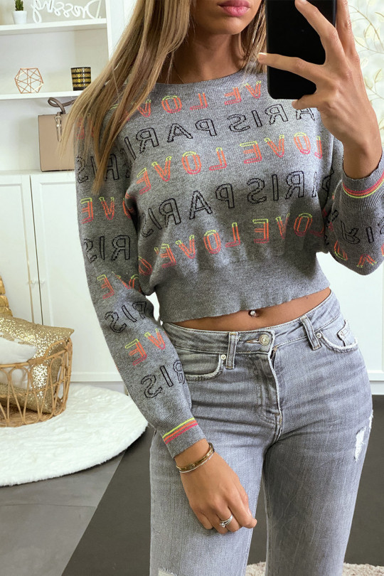 Korte grijze sweater met PARIS LOVE-opschrift - 1