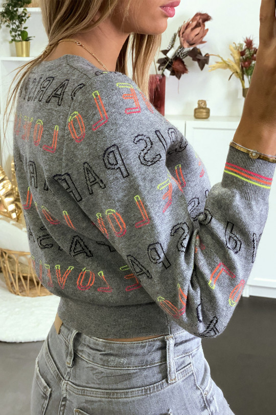 Short gray sweater with PARIS LOVE lettering - 4