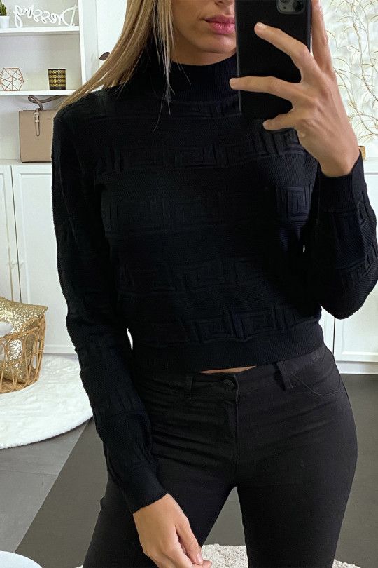 Zwarte sweater met hoge hals en reliëfpatroon - 4