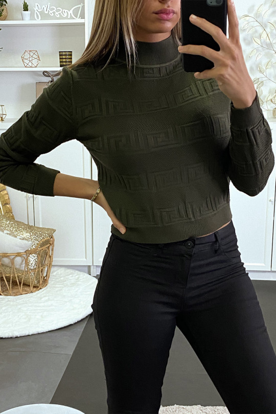 Khaki high neck sweater with relief pattern - 2