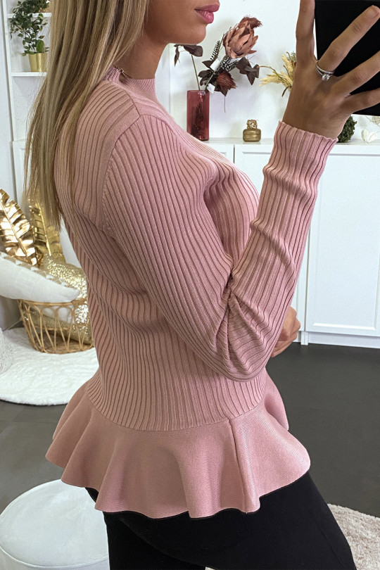 Pink ribbed peplum cut sweater with high collar - 5