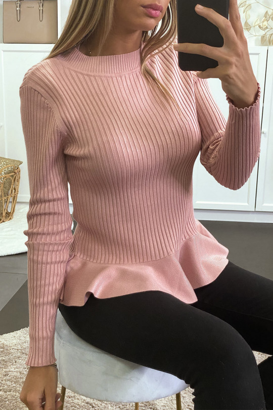 Pink ribbed peplum cut sweater with high collar - 7