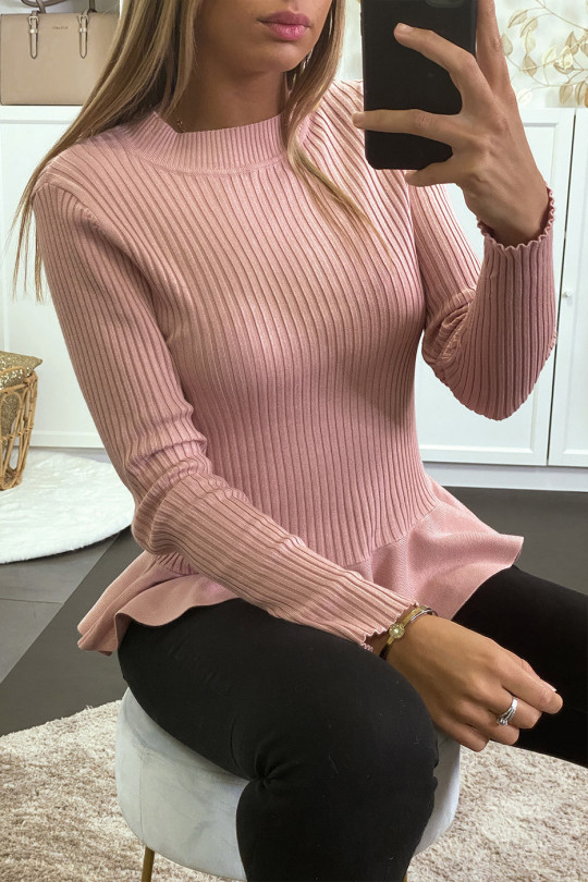 Pink ribbed peplum cut sweater with high collar - 8
