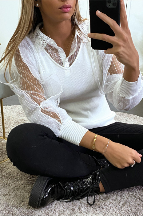 White sweater with tulle lining on the sleeves and crochet collar - 1