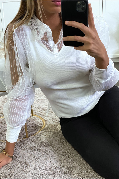 Witte sweater met voering van tule op de mouwen en gehaakte kraag - 2