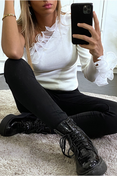 White ribbed one-sleeve ruffle sweater - 7