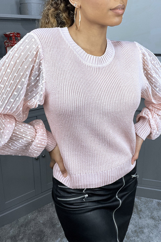 Pink sweater with fine cable knit and plumetis tulle sleeves - 1