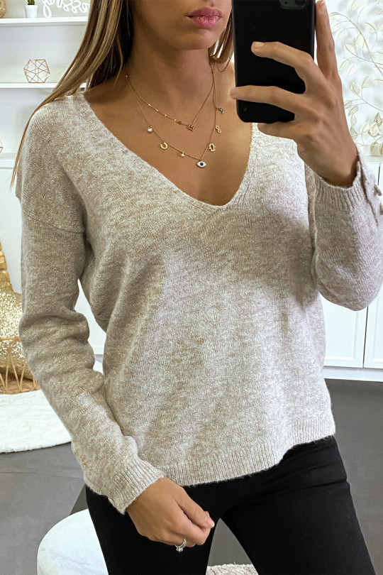 Pull rose tombant et col V avec boutons aux manches - 4