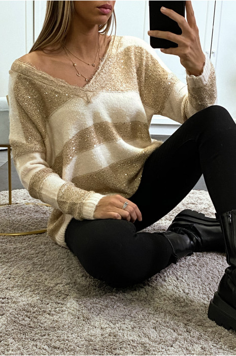 PuBB beige tombant en col V avec dentelle rayure et sequin - 2