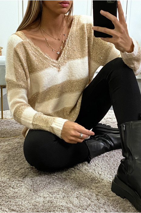 PuBB beige tombant en col V avec dentelle rayure et sequin - 3