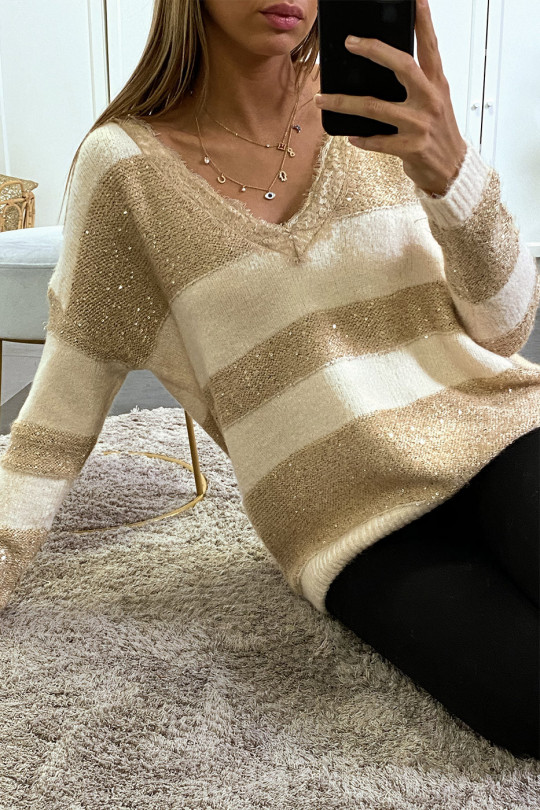 PuBB beige tombant en col V avec dentelle rayure et sequin - 4