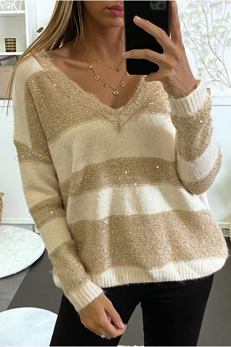 PuBB beige tombant en col V avec dentelle rayure et sequin - 5