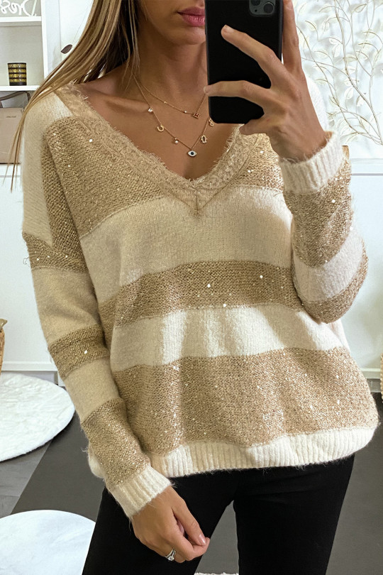 PuBB beige tombant en col V avec dentelle rayure et sequin - 5