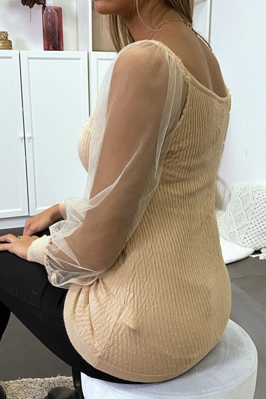 Beige jacquard-effect boat neck sweater with puffed tulle sleeve - 1