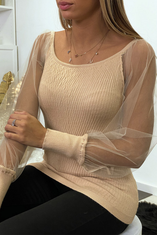 Beige jacquard-effect boat neck sweater with puffed tulle sleeve - 2