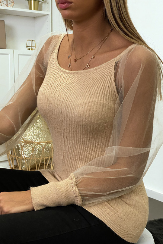 Beige jacquard-effect boat neck sweater with puffed tulle sleeve - 3