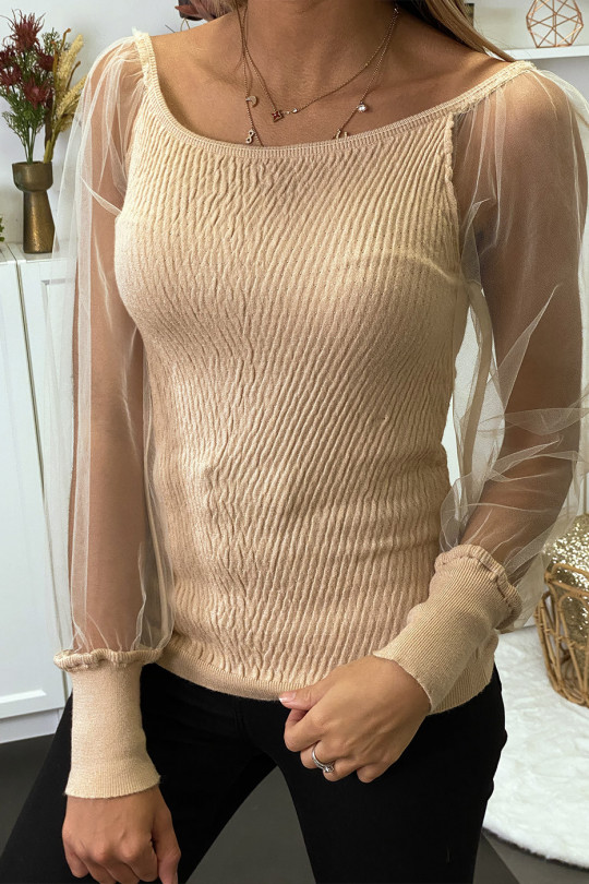 Beige jacquard-effect boat neck sweater with puffed tulle sleeve - 5