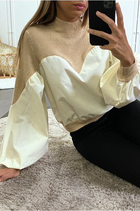 Beige sweater van twee materialen met pofmouwen - 3