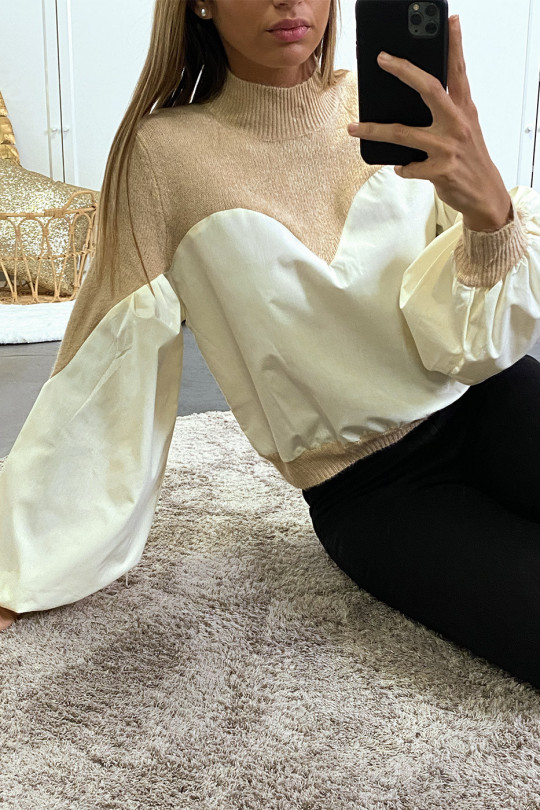 Bi-material beige sweater with puffed sleeves - 4