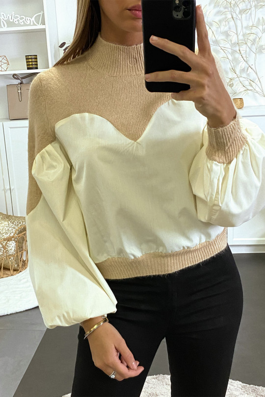 Bi-material beige sweater with puffed sleeves - 5