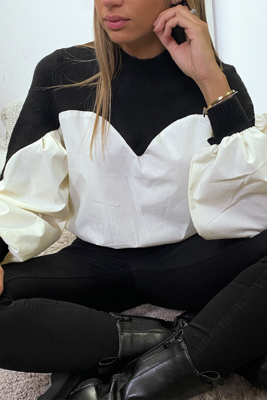 Zwarte sweater van twee materialen met pofmouwen - 2
