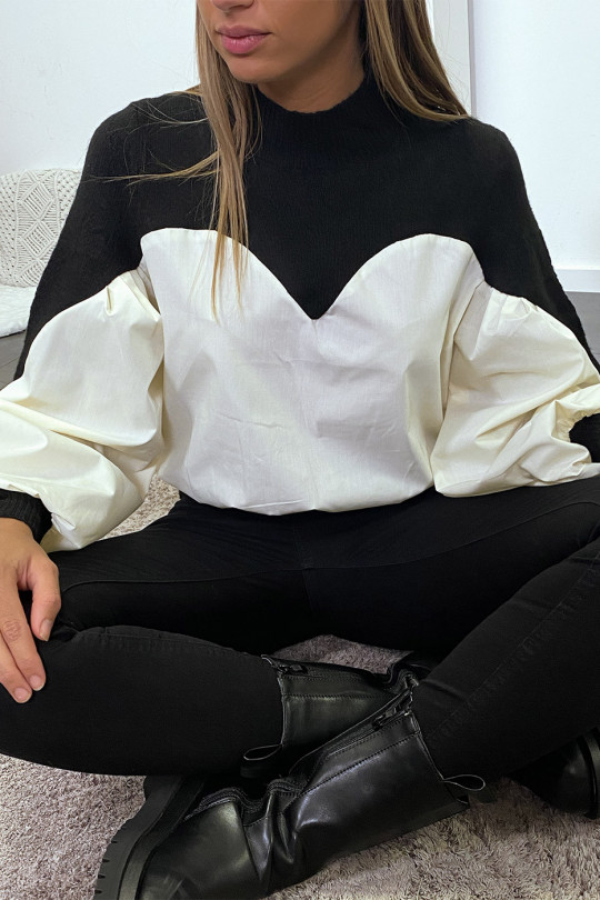 Zwarte sweater van twee materialen met pofmouwen - 3
