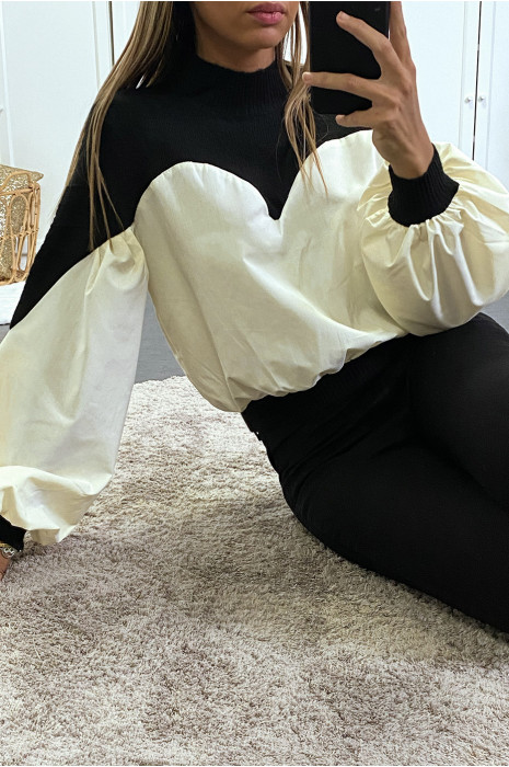 Zwarte sweater van twee materialen met pofmouwen - 7