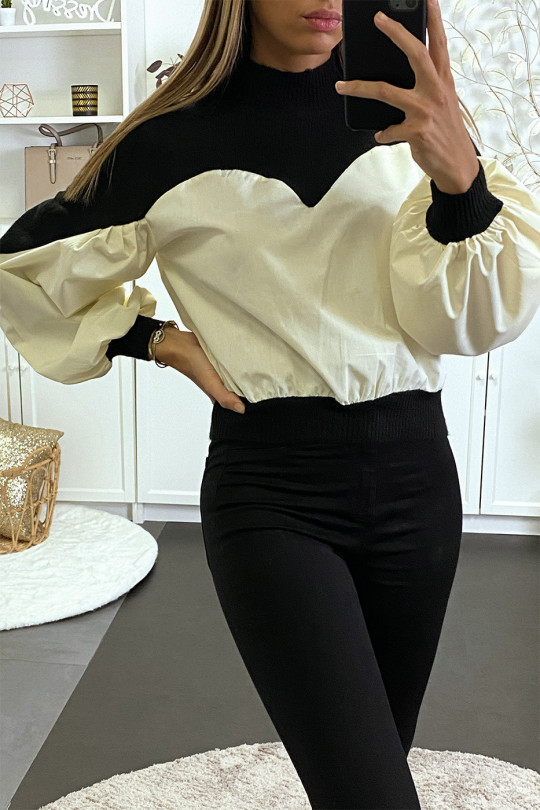Bi-material black sweater with puffed sleeves - 8