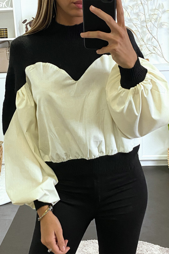 Zwarte sweater van twee materialen met pofmouwen - 11