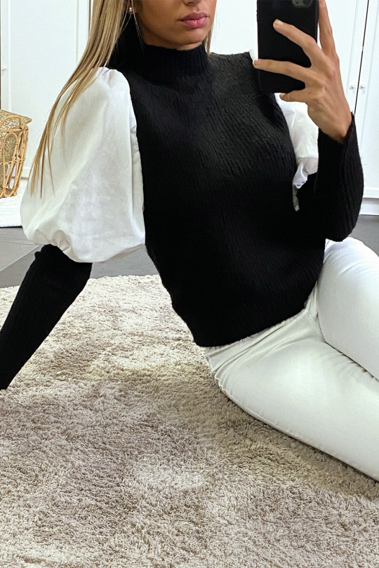 Zwart-witte sweater van twee materialen met pofmouwen - 2