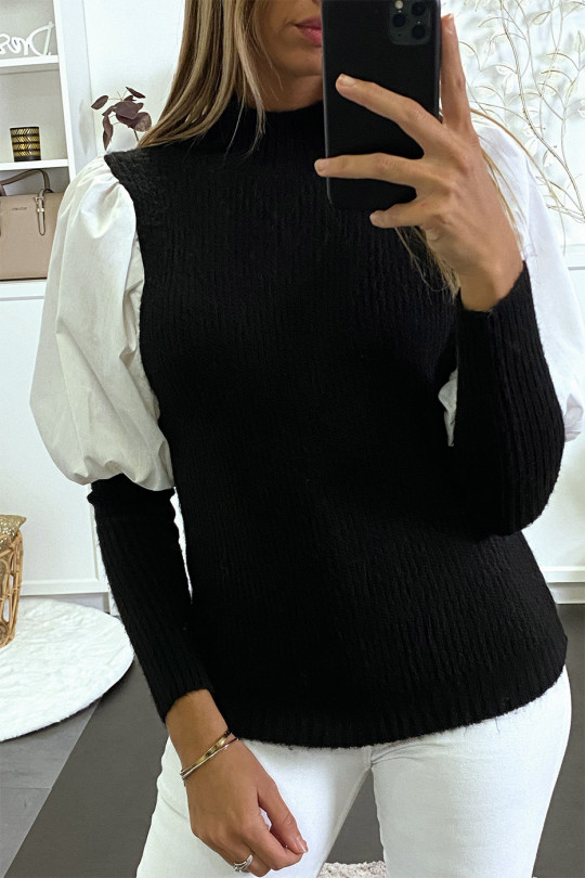 Zwart-witte sweater van twee materialen met pofmouwen - 4