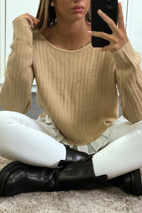 Bi-material ribbed beige sweater with fastening at the back. - 1