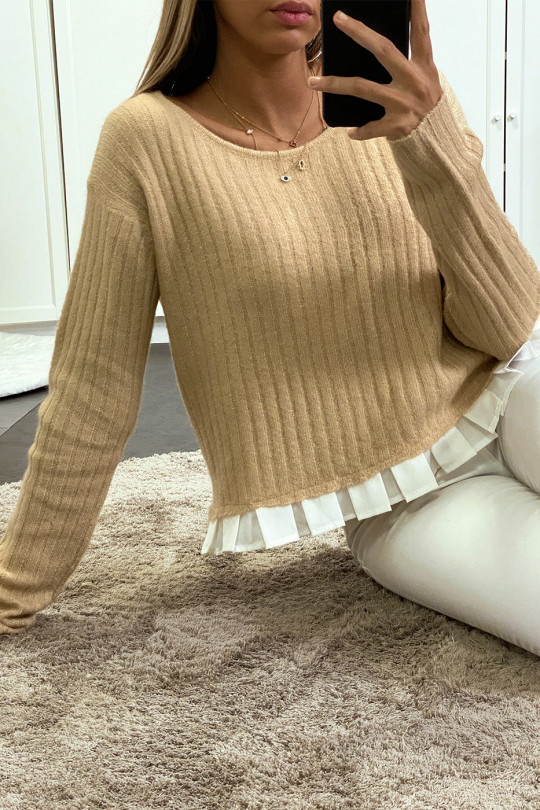 Bi-material ribbed beige sweater with fastening at the back. - 3