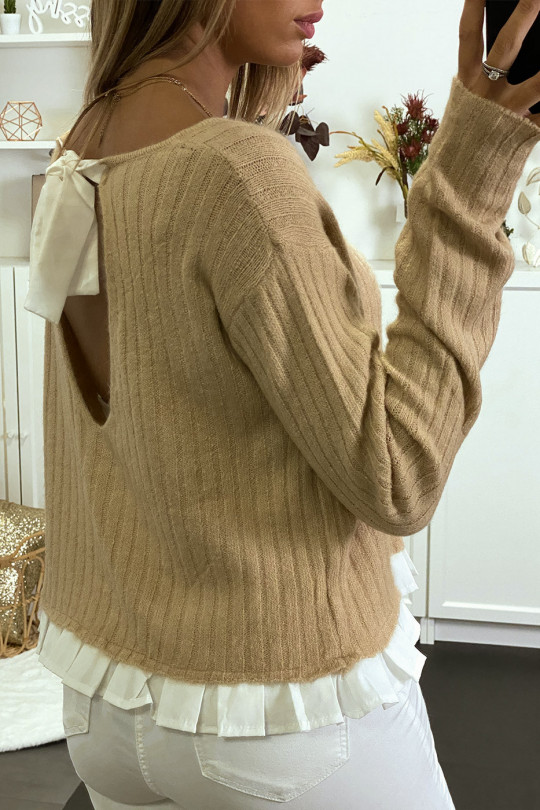 Bi-material ribbed beige sweater with fastening at the back. - 4