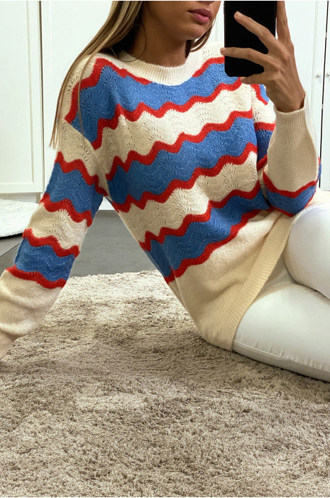 Pull beige à vague bleu et rouge effet duveteux. - 2