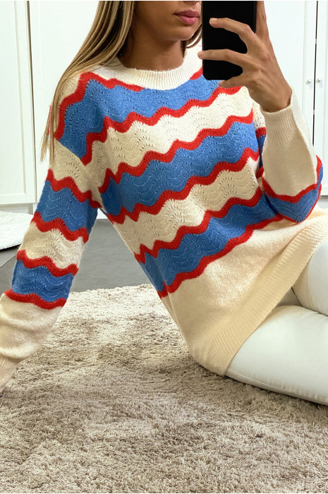 Beige sweater with blue and red wave fluffy effect. - 3