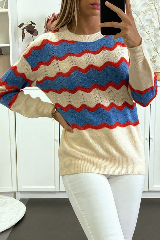 Beige sweater met blauw en rood golvend pluizig effect. - 4