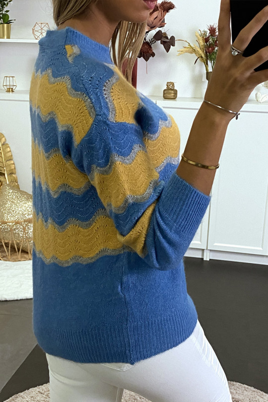 Blue sweater with mustard wave and gray fluffy effect. - 1