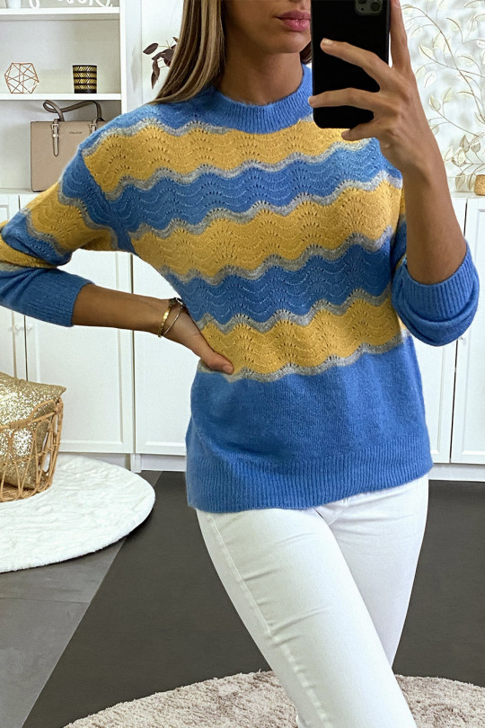 Blauwe sweater met mosterdgolf en grijs fluffy effect. - 2