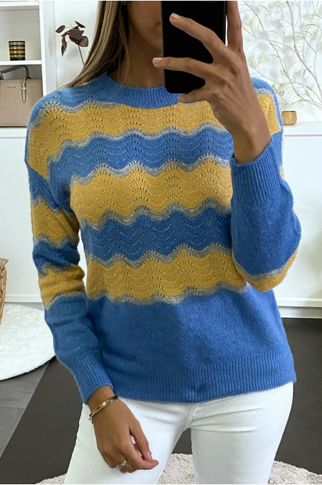 Blauwe sweater met mosterdgolf en grijs fluffy effect. - 5