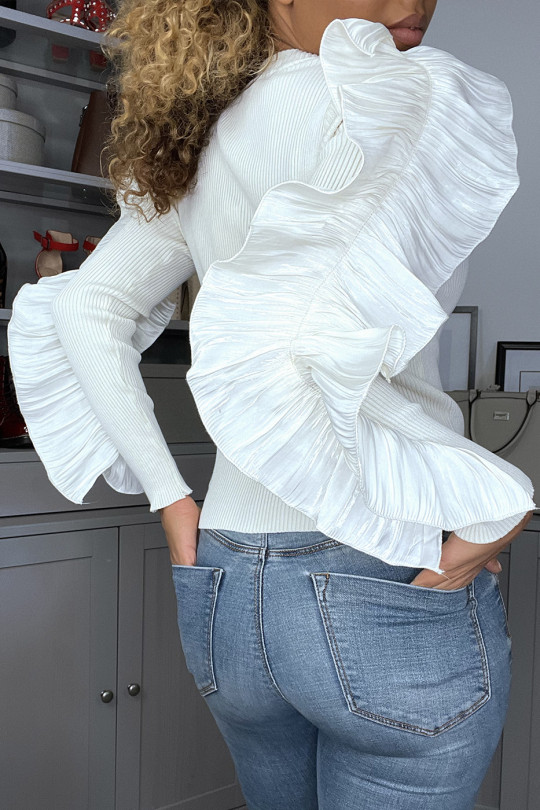 Witte geribbelde sweater met ruche op de mouwen - 11