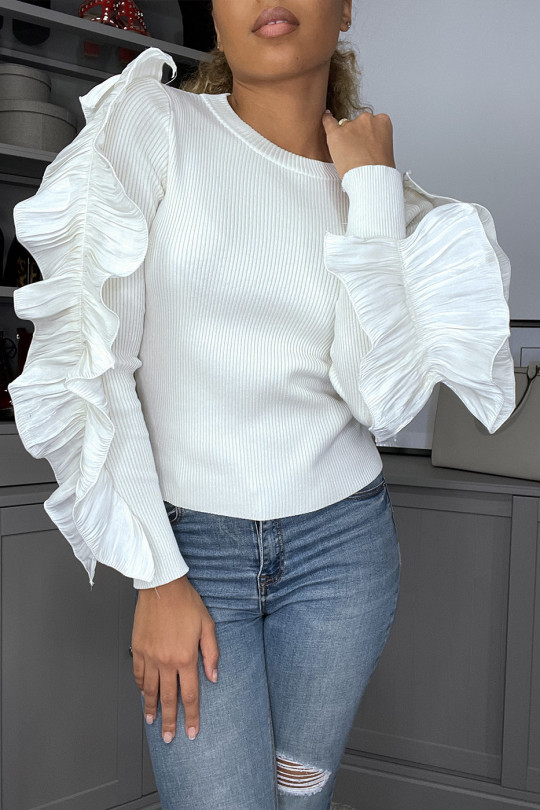 Witte geribbelde sweater met ruche op de mouwen - 13