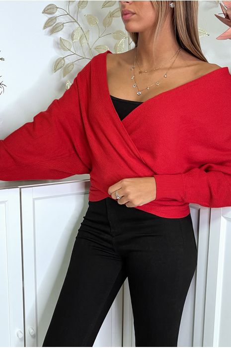 Gilet rouge cache coeur à col bardot - 3