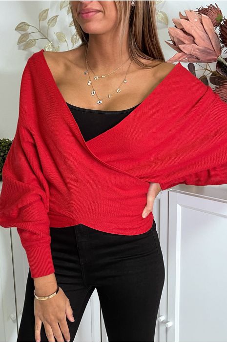 Gilet rouge cache coeur à col bardot - 4