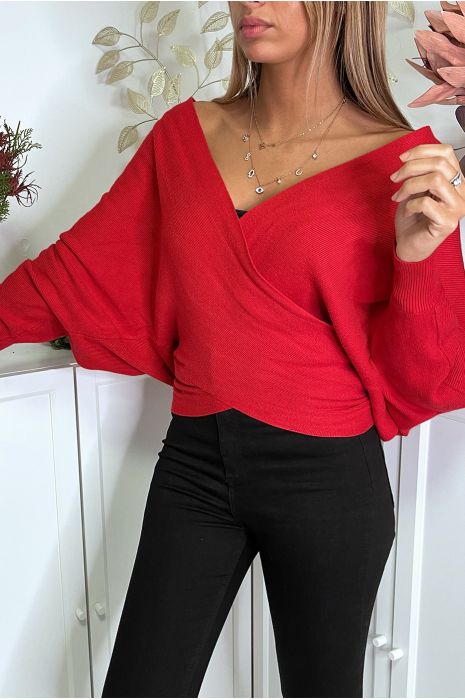 Gilet rouge cache coeur à col bardot - 7