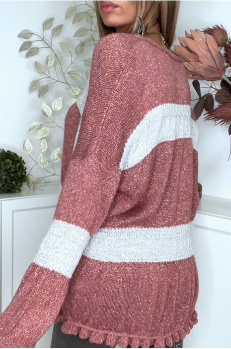 Pull rose foncé duveteux à fil brillant et volant - 2