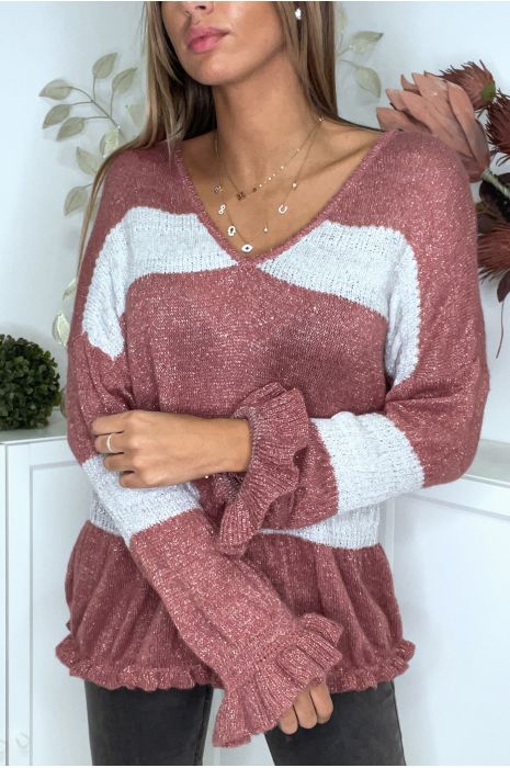 Dark pink fluffy jumper with shiny yarn and flounce - 3