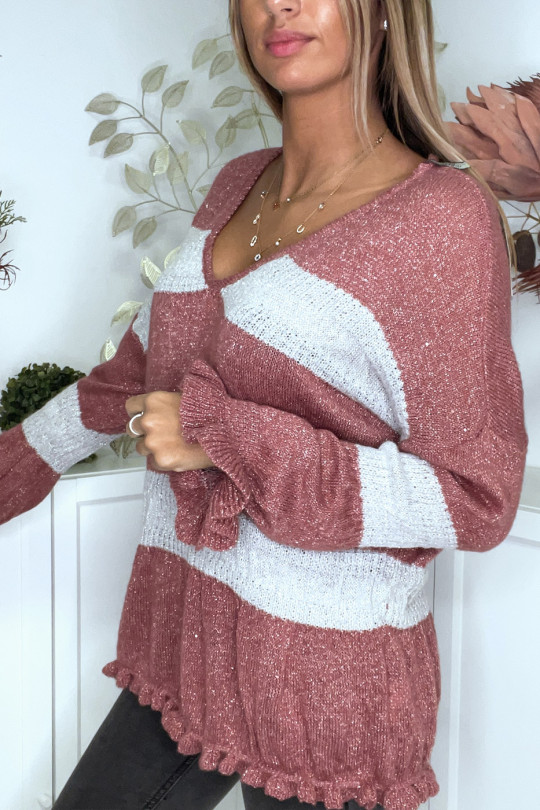Dark pink fluffy jumper with shiny yarn and flounce - 5