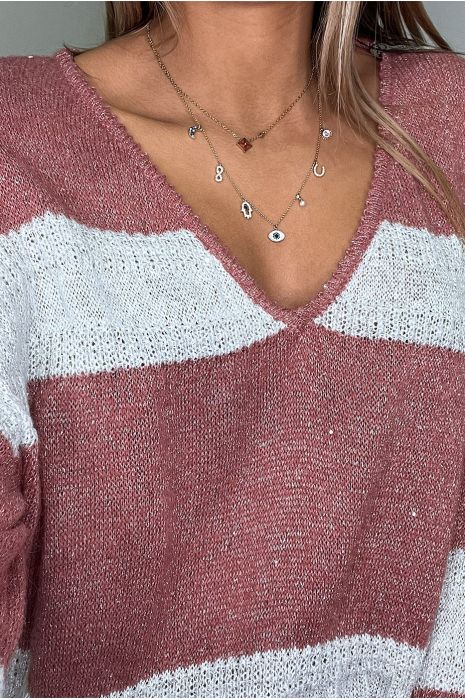 Pull rose foncé duveteux à fil brillant et volant - 7